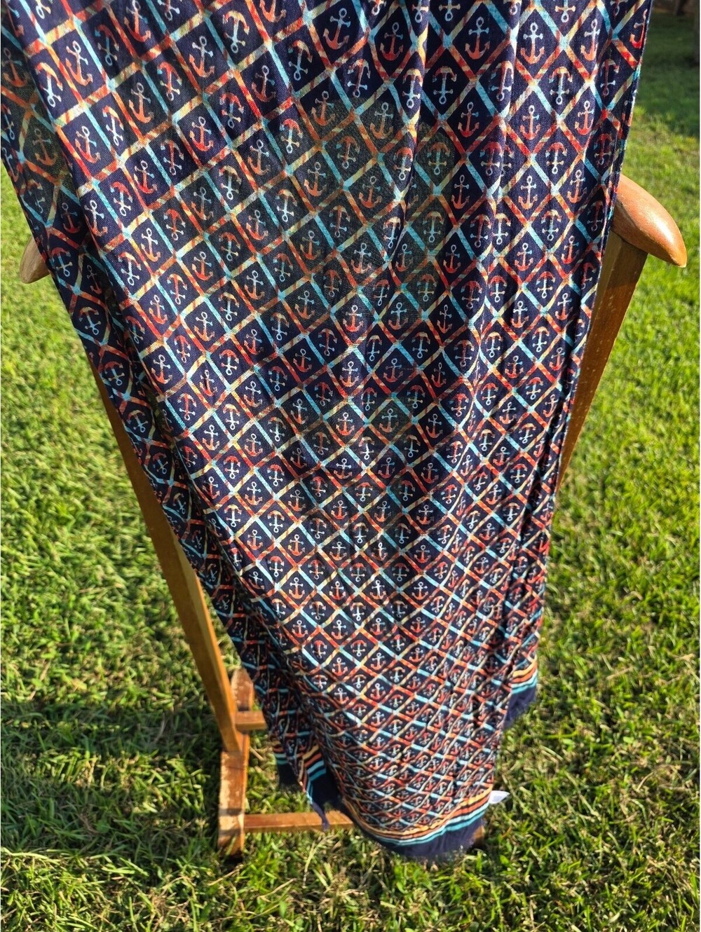 Talbots Navy Blue Anchor Print Silk Scarf with Orange and Turquoise Accents